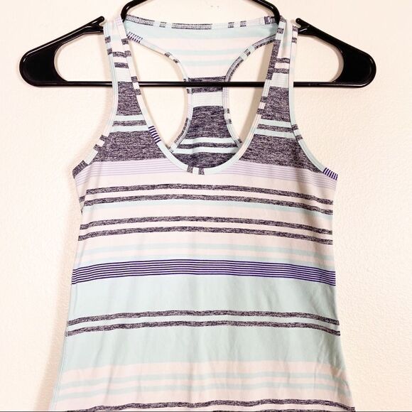 Lululemon White with Grey & Blue Striped Cool Racerback Tank Top - Picture 3 of 7